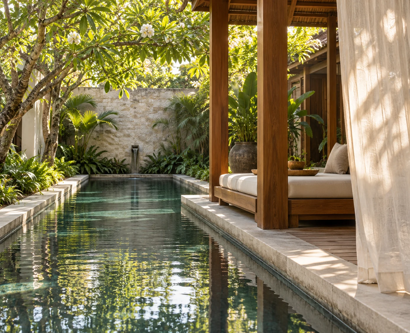 A tranquil Thai courtyard with a reflecting pool