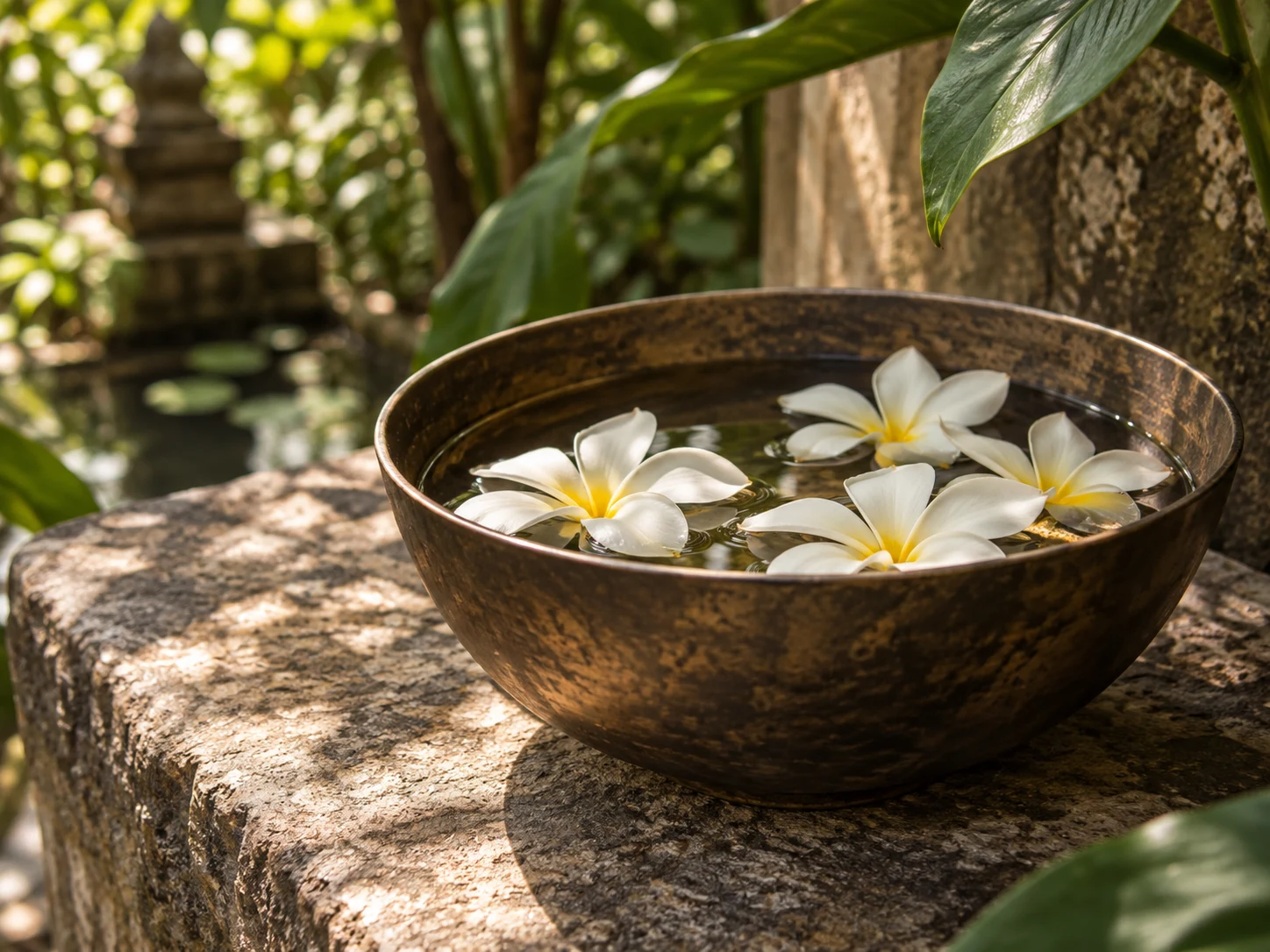 Frangipani floating in a bowl of water